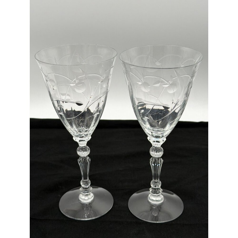 Vintage Etched Crystal Wine Glasses With Ornate Stems Set Of 2 Elegant Design Sl